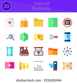 internet business icon set. 20 flat icons on theme internet business. collection of calendar, margin, flag, railroad, customer service, bonds, competition, padlock, graph