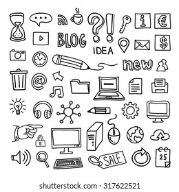 Internet business icons hand drawn concept. Computer, digital technology, communication, social media icons. Design elements for infographics