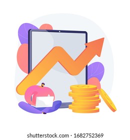 Internet business income. Earning money online. Cartoon character working with laptop. Programmer freelancer. Earning, investment, financial success. Vector isolated concept metaphor illustration