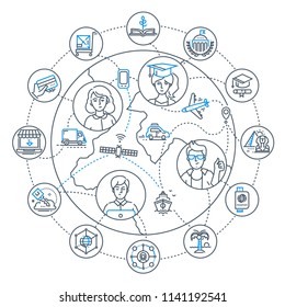 Internet business - modern line design style illustration on white background. Infographics with a globe, young people that study and work online. Freelance workers, students and users