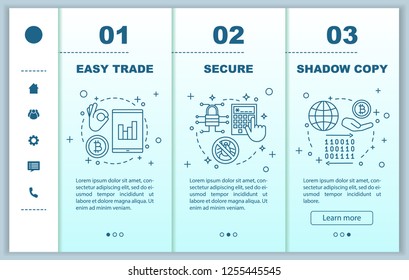 Internet business onboarding mobile web pages vector template. Online trading app. Easy trade, shadow copy, digital security. Responsive smartphone website interface. Webpage walkthrough step screens