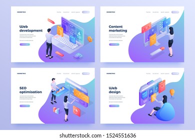 Internet business promotion isometric landing page templates set. Web development, content marketing, SEO optimization, web design. Company staff working on computers cartoon characters