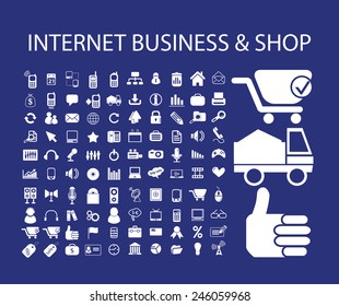 internet business, shop, ecommerce, store, logistics icons, signs, illustrations set, vector