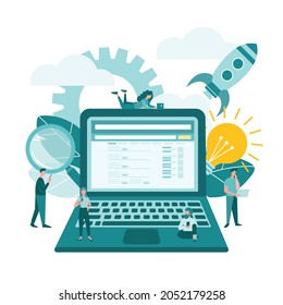 Internet business startup, creating ideas, social media support start up teamwork on a startup Laptop and business project employees. Vector illustration.