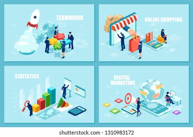 Internet business, teamwork and marketing concept. Set of isometric vector design templates for online shopping, startup strategy and financial analytics. Illustration for website and mobile platform