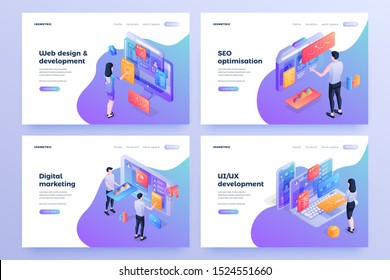 Internet business types landing page templates set. Web design, ui and ux development, digital marketing, SEO optimization. Company employees working on computers cartoon characters