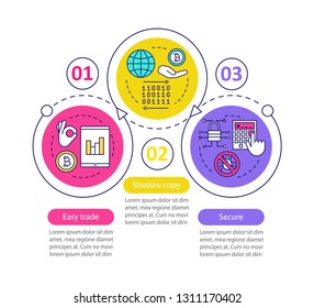 Internet business vector infographic template. Online trading app. Shadow copy, digital security. Data visualization with three steps and options. Process timeline chart. Workflow layout with icons