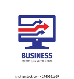Negocios de Internet - ilustración del concepto del logotipo vectorial. Icono de monitor de equipo. Signo gráfico de crecimiento de las finanzas. Comunicación de red. Símbolo de base de datos. Símbolo de flecha. Elemento de diseño. 