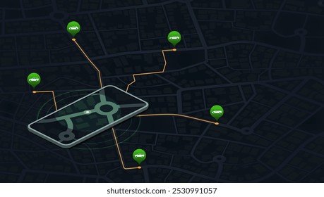 Servicio de taxi de coche de Internet en la aplicación de teléfono inteligente. Pedir taxi en línea con el App de telefonía móvil cerca de su ubicación. Mapa de la ciudad y coche de taxi. Ilustración vectorial