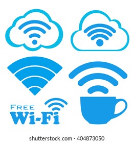 Internet Cafe Free Wifi Vector Icons Set. Coffee Cup Wireless Network Icon. White And Blue Flat Button With Wi-fi Symbol In Cloud. Modern UI Element. Vector Illustration.