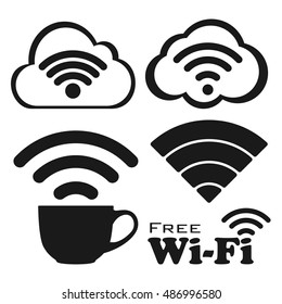 Internet cafe free wifi vector icons set. Coffee Cup Wireless Network icon. black flat button with wi-fi symbol in cloud. Modern UI element. Vector illustration.