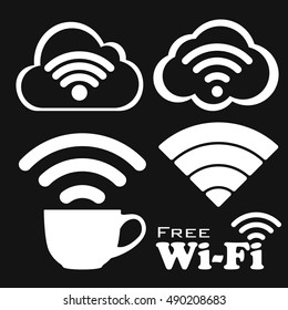 Internet cafe free wifi vector icons set. Coffee Cup Wireless Network icon. black flat button with wi-fi symbol in cloud. Modern UI element. Vector illustration.
