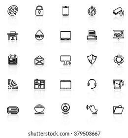 Internet cafe line icons with reflect on white, stock vector