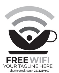 Internet Cafe Logo Template. Free Wifi Area Vector Design. Wi-fi Symbol And Coffee Cup Illustration
