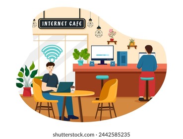 Internet Cafe Vector Illustration with Building for Young People Playing Games, Workplace use a Laptop, Talking and Drinking in Flat Background