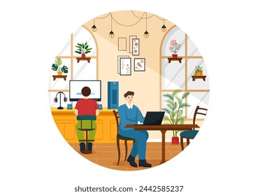Internet Cafe Vector Illustration with Building for Young People Playing Games, Workplace use a Laptop, Talking and Drinking in Flat Background
