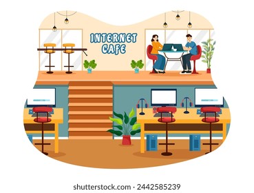 Internet Cafe Vector Illustration with Building for Young People Playing Games, Workplace use a Laptop, Talking and Drinking in Flat Background