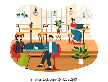 Internet Cafe Vector Illustration with Building for Young People Playing Games, Workplace use a Laptop, Talking and Drinking in Flat Background