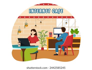 Internet Cafe Vector Illustration with Building for Young People Playing Games, Workplace use a Laptop, Talking and Drinking in Flat Background