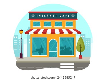 Internet Cafe Vector Illustration with Building for Young People Playing Games, Workplace use a Laptop, Talking and Drinking in Flat Background