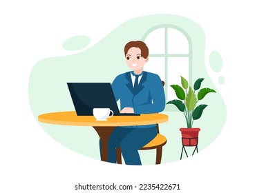 Cafe Internet de Jóvenes Jugando Juegos, Lugar de Trabajo usa una laptop, hablando y bebiendo en dibujos a mano de dibujos planos Ilustración