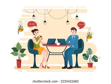 Internet Cafe of Young People Playing Games, Workplace use a Laptop, Talking and Drinking in Flat Cartoon Hand Drawn Templates Illustration