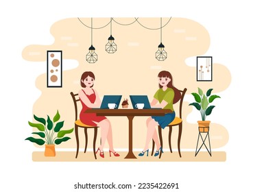 Internet Cafe of Young People Playing Games, Workplace use a Laptop, Talking and Drinking in Flat Cartoon Hand Drawn Templates Illustration