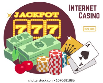Internet casino background template. Online poker flat vector emblem. Poker and jackpot win, gambling game web, gamble play illustration