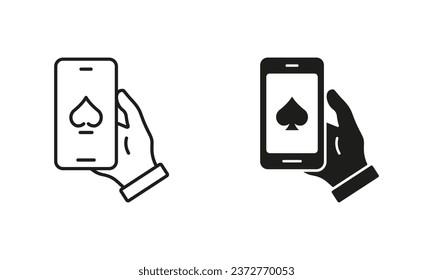 Internet Casino in Cellphone Line and Silhouette Black Icon Set. Online Poker Club on Mobile Phone Pictogram. Success, Lucky, Jackpot in Gambling Symbol Collection. Isolated Vector Illustration.