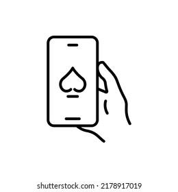Internet Casino in Cellphone Outline Pictogram. Online Poker Club on Hand Mobile Phone Black Line Icon. Success Lucky Jackpot Gambling Play Card Flat Symbol. Isolated Vector Illustration.