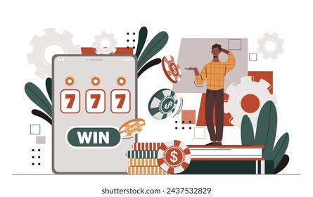 Internet casino concept. Man next to slot machine. Games for luck and fortune. Young guy with gambling. Poster or banner. Cartoon flat vector illustration isolated on white background