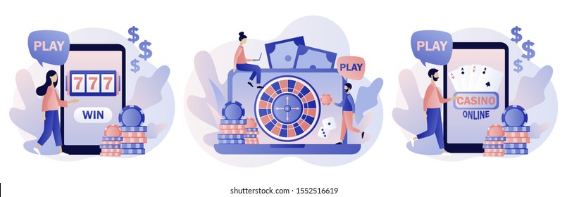 Internet Casino and Gambling Concept. Tiny people gaming online gambling games. People play online Poker, Roulette, Slot Machine. Modern flat cartoon style. Vector illustration