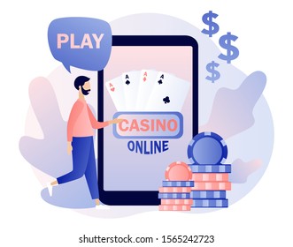 Internet Casino and Gambling Concept. Tiny man gaming online games on smartphone. People play online Poker. Modern flat cartoon style. Vector illustration