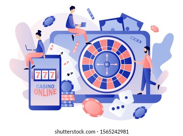 Internet Casino and Gambling Concept. Tiny people gaming online gambling games. People play online Poker, Roulette, Slot Machine. Modern flat cartoon style. Vector illustration