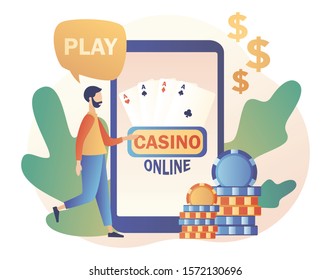 Internet Casino and Gambling Concept. Tiny man gaming online games on smartphone. People play online Poker. Modern flat cartoon style. Vector illustration