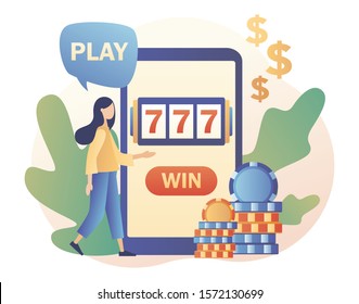 Internet Casino and Gambling Concept. Tiny girl gaming online games on smartphone. People play online Slot Machine. Modern flat cartoon style. Vector illustration