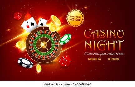 Internet casino landing page. Roulette and poker playing cards, golden coins, grand prize or jackpot sticker, red dice and various chips on sparkling red background. Online casino web vector banner
