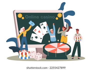 Internet casino winners. Man and woman characters playing roulette with slots, cards. Online gambling concept. Lucky people earning money, poker winners, jackpot or lottery vector illustration