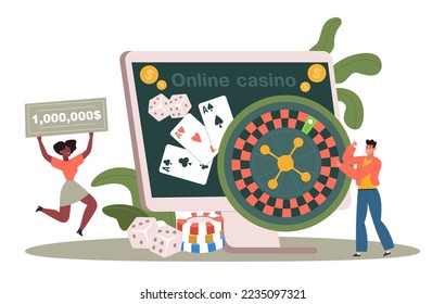 Internet casino winners. People playing poker or roulette in online casino. Lucky female character winning prize. Computer screen with playing cards and dice, fortune concept vector illustration