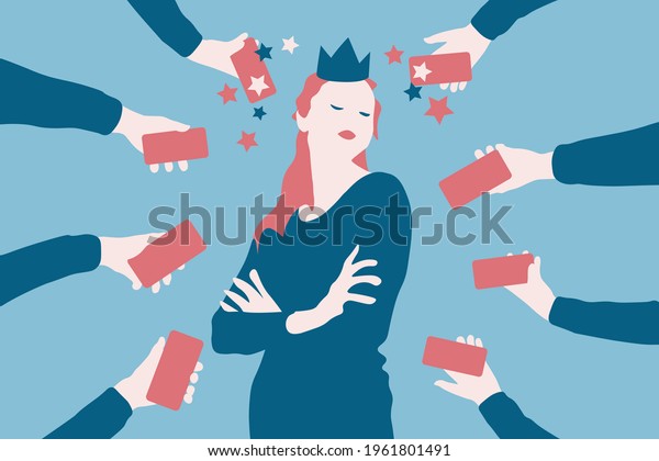 Internet celebrity fame hype concept. Successful\
popular famous beautiful girl posing with crown surrounded by hands\
holding smartphones, pointing to the girl with fame. Social media.\
Vector. EPS 10.