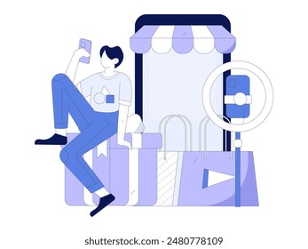 Internet celebrity live broadcast with goods vector internet hand drawn illustration
