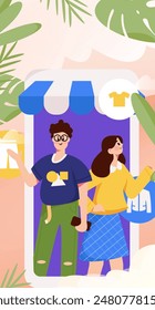 Internet celebrity live broadcast with goods vector internet hand drawn illustration
