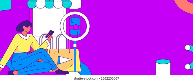 Internet celebrity live broadcast with goods vector internet hand drawn illustration
