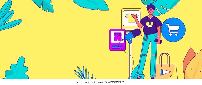 Internet celebrity live broadcast with goods vector internet hand drawn illustration
