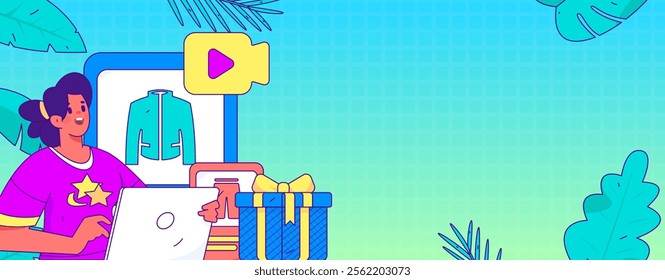 Internet celebrity live broadcast with goods vector internet hand drawn illustration
