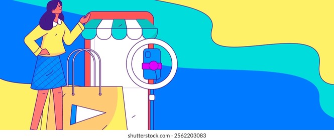 Internet celebrity live broadcast with goods vector internet hand drawn illustration
