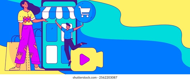 Internet celebrity live broadcast with goods vector internet hand drawn illustration
