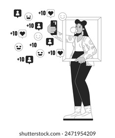 Internet celebrity taking selfie black and white 2D illustration concept. Hispanic young woman holding phone cartoon outline character isolated on white. Go viral metaphor monochrome vector art