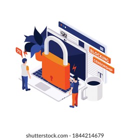 Internet censorship blocking isometric composition with icons of lock on laptop with small human characters vector illustration