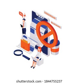 Internet censorship blocking isometric composition with human characters and gadgets with news feed and stop icon vector illustration